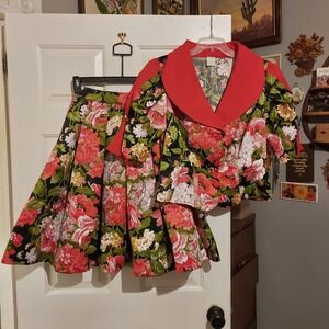 Maick Harold Paris Small Unique Vintage Floral Skirt Set Red Shawl Collar France